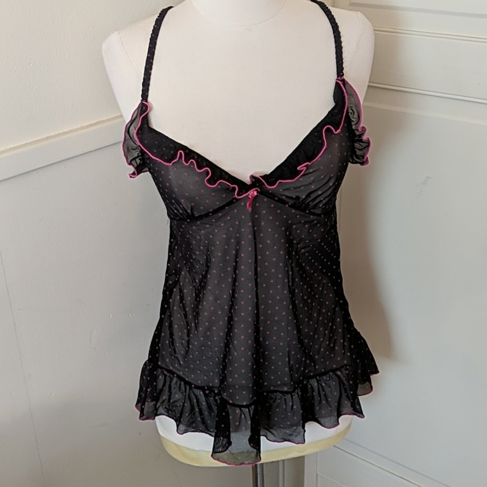 ✅Black & Pink Sheer Sexy Babydoll Chemise Lingerie Nightgown Ruffle coquette